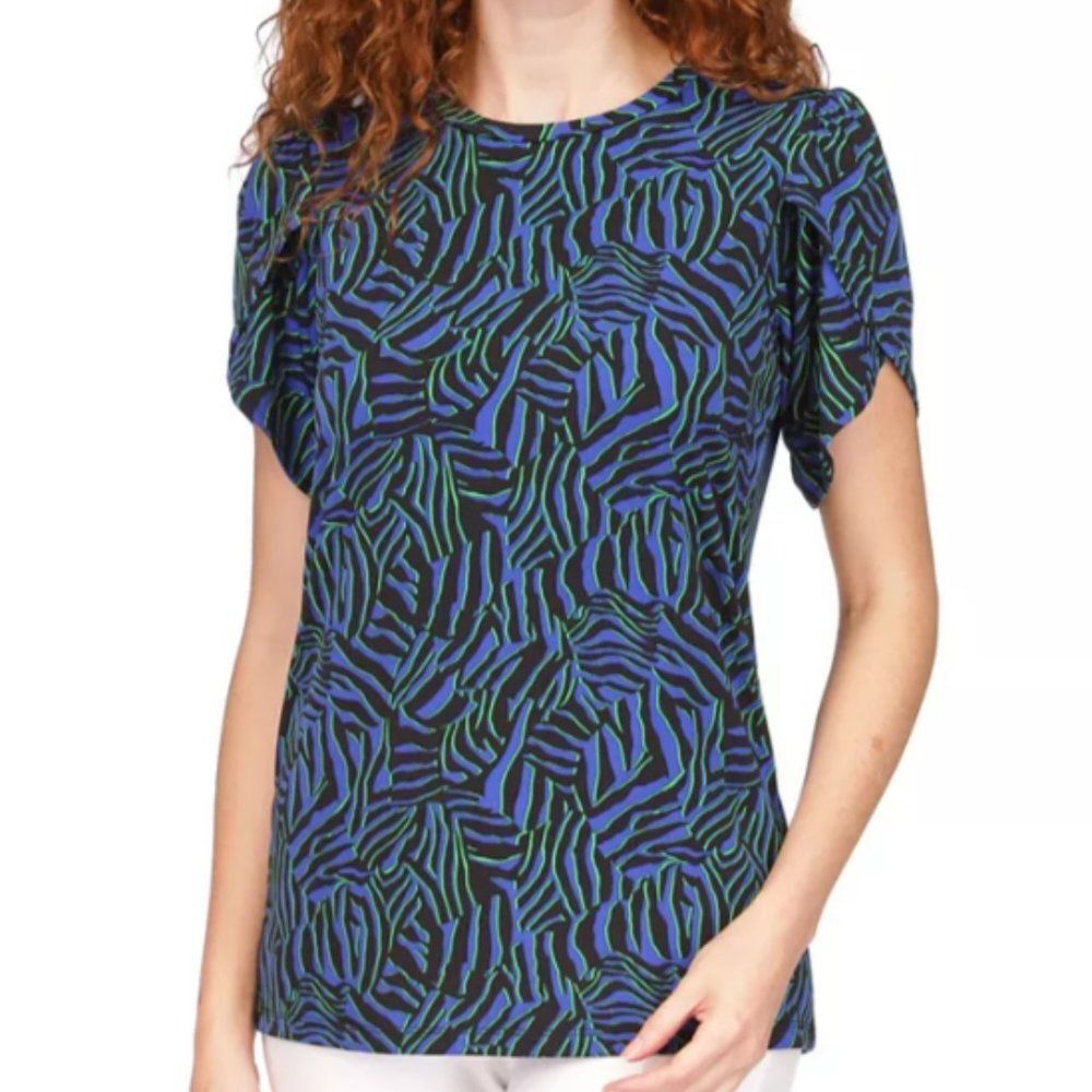 NWT MICHAEL KORS WOMENS BOLD PRINTED PETAL-SLEEVE TUNIC/TOP ROYAL XS MSRP $68